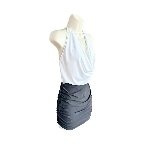 Roma Two Tone Low Cowl Neck Ruched Halter Mini Dress, Black and White, Size S/M - Picture 4 of 12